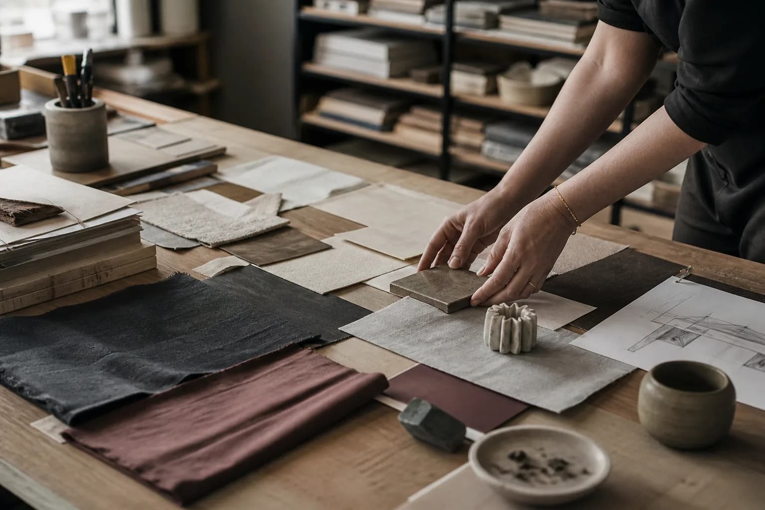 Hands arranging material samples on a creative worktable