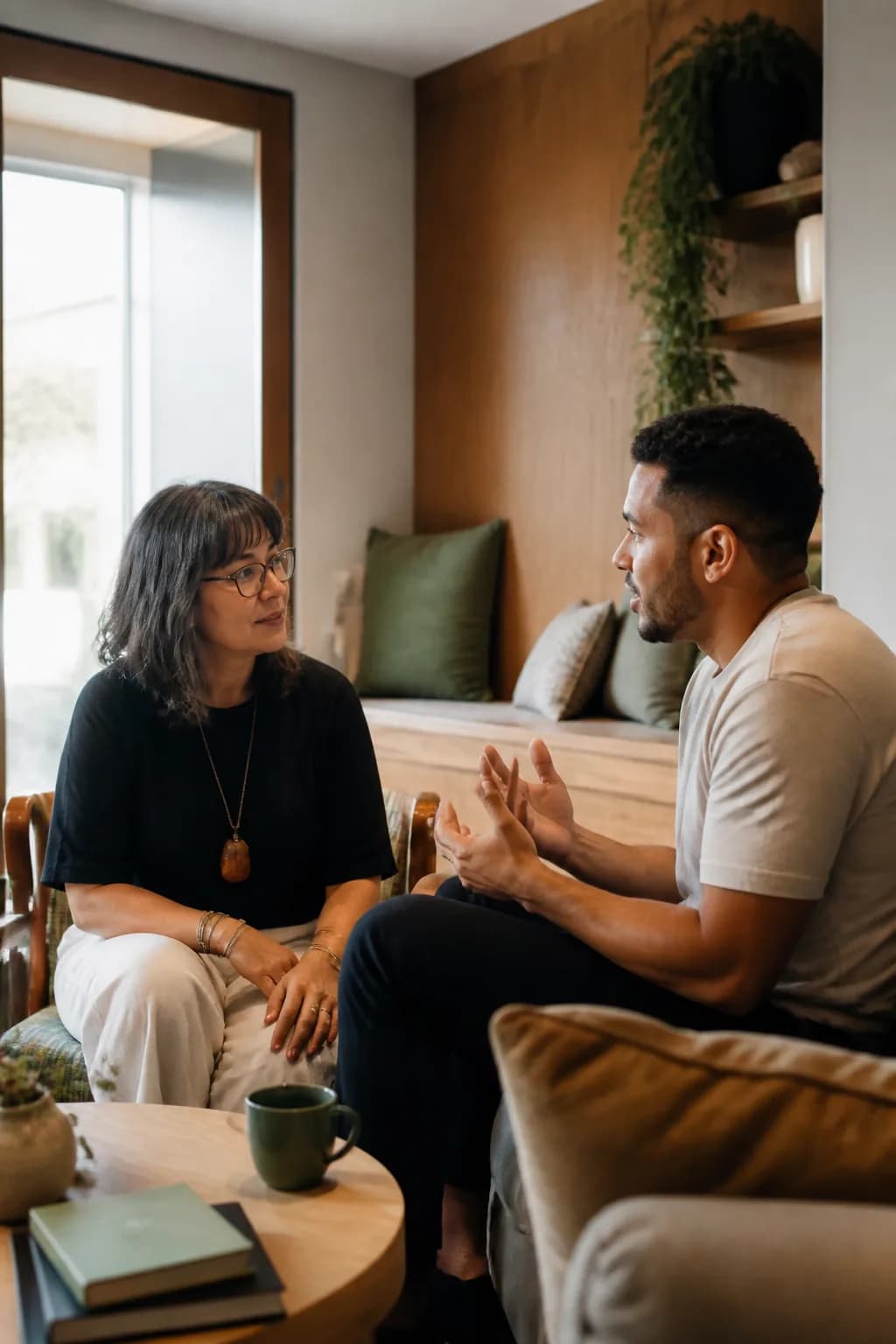 Two adults in a calm interior having an attentive conversation